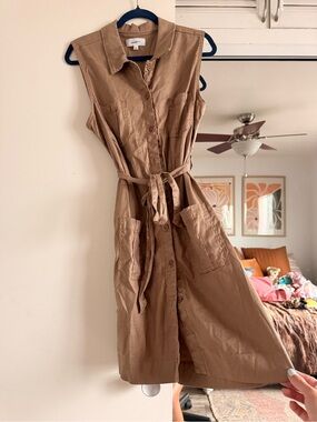 Level 99 Sleeveless Tan Utility Midi Dress with Tie Waist